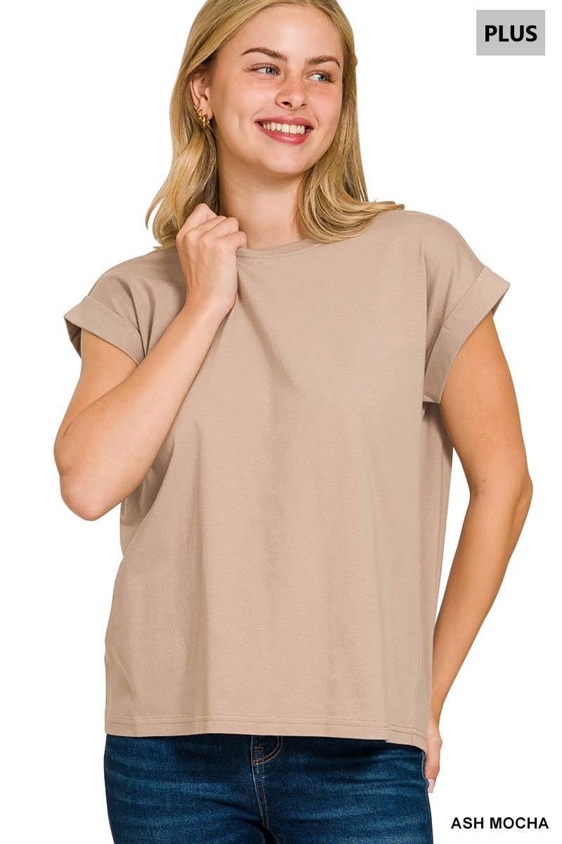 Round Neck Folded Short Sleeve T Shirt - Plus